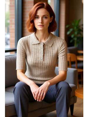FRM Kadın Triko Fitilli Polo Yaka Kısa Kol Üst Kaliteli Şık Rahat Modern Zarif Günlük