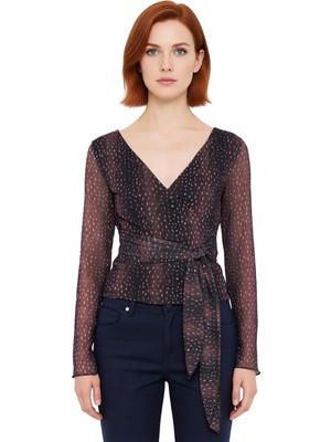 Ersefa Kadın Desenli V Yaka Uzun Kollu Anvelop Bluz Kaliteli Şık Rahat Modern Zarif Günlük