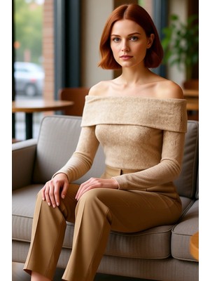 FRM Kadın Düşük Omuzlu Carmen Yaka Uzun Kollu Vücuda Oturan Örme Üst Kaliteli Şık Rahat Modern