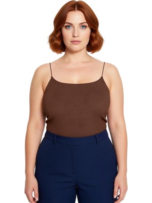 Ersefa Kadın Crop Fitilli Kaşkorse Bluz Kare Yaka Ince Askılı Günlük Giyim Için Polyester Elastan Karışımı