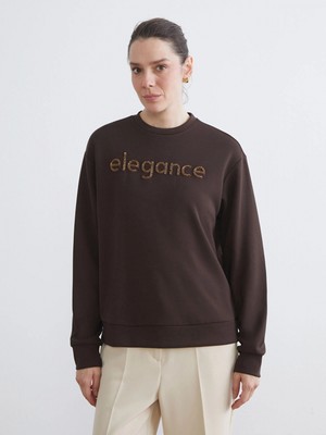 LC Waikiki Lcwaıkıkı Basic Kahverengi Bisiklet Yaka Taşlı Kadın Sweatshirt