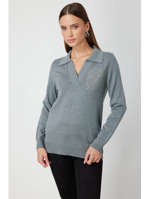 On Omzu Zincirli Yaprak Detaylı Triko Kazak 65334