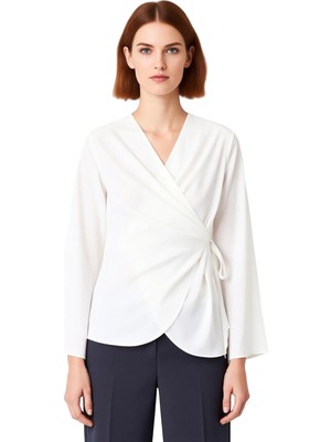 Ersefa Kadınlar Için Şık Kruvaze Kesimli Uzun Kollu Saten Dokulu Bluz Kaliteli Şık Rahat Modern Zarif