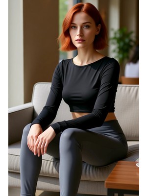 FRM Kadın Crop Bisiklet Yaka Fitted Kalıp Örme Pencere Cut Out ve Baş Parmak Delik Detaylı Spor Üst Bluz