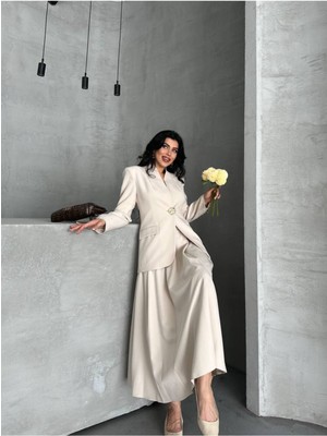 Bella Breeze Kadın Gold Kurabiye Düğmeli Blazer Ceket Etek Takım Elbise