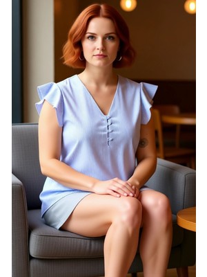 FRM Kadın Düğmeli V Yaka Fırfır Kol Çizgili Dokuma Bluz Kaliteli Şık Rahat Modern Zarif Günlük