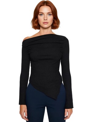 Ersefa Moda Kayık Yaka Örme Slim Düz Desen Casual Günlük Uzun Uzun Kol Bluz