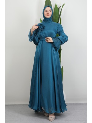 Omuzdan Pelerinli Elbise Petrol