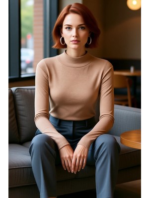 FRM Kadın Moda Şık Regular Dik Yaka Slim Kalıp Örme Fitted Vücuda Oturan Kol Fitilli Esnek Bluz