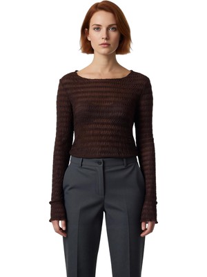 Ersefa Stil Kadın Fitted Vücuda Oturan Dokulu Tül Esnek Bluz Regular Örme Slim Kalıp