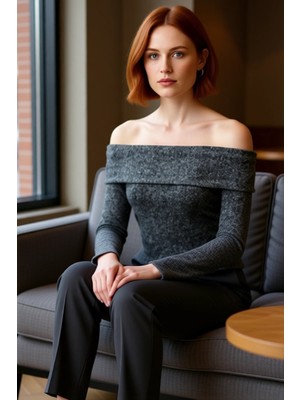 FRM Kadın Düşük Omuzlu Carmen Yaka Uzun Kollu Vücuda Oturan Örme Üst Kaliteli Şık Rahat Modern