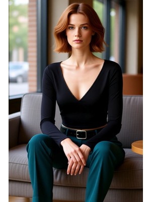 FRM Kadın Moda Şık Crop Kruvaze Yaka Slim Kalıp Örme Derin Yaka Dantel Detaylı Kol Pamuklu Esnek Bluz