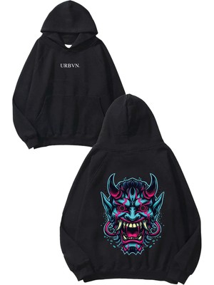 Urbvn Beast Tasarım Baskılı Oversize Siyah Kapüşonlu Sweatshirt