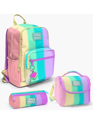 Coral High Renkli Çizgili Desenli 3’lü Okul Çanta Seti Ilköğretim Çantası Kız Çocuk