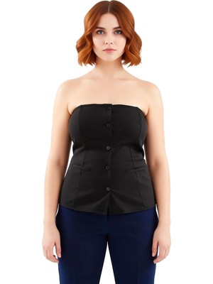 Ersefa Kadınlar Için Vücuda Oturan Straplez Bluz Düğmeli Interlok Örme Tasarım Kaliteli Şık Rahat