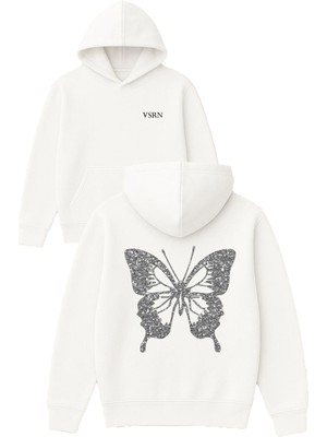 Vsrn Gümüş Kelebek Tasarım Baskılı Oversize Beyaz Kapüşonlu Sweatshirt