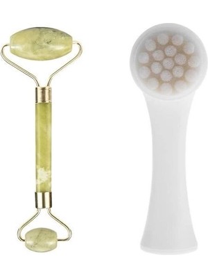 Mey İthalat 2li Set Çift Taraflı Cilt Temizleme Fırçası ve Yeşim Taşı Çift Taraflı Cilt Masaj Aleti