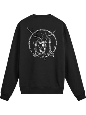Colermi Sırt Baskılı Boynuzlu Kurukafa Tasarımlı Sweatshirt