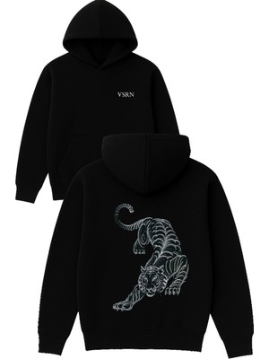 Vsrn Bengals Kaplanı Tasarım Baskılı Oversize Siyah Kapüşonlu Sweatshirt