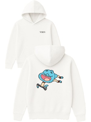 Vsrn Uzun Kollu Kedı Tasarım Baskılı Oversize Beyaz Kapüşonlu Sweatshirt