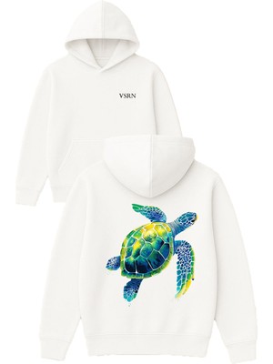 Vsrn Deniz Kaplumbağsı Tasarım Baskılı Oversize Beyaz Kapüşonlu Sweatshirt