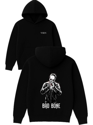 Vsrn Bad Bone Tasarım Baskılı Oversize Siyah Kapüşonlu Sweatshirt
