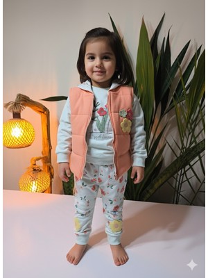 Şimo Butik Bayramlık Kız Bebek Çiçek Desenli Üçlü Takım (Omuzdan Çıtçıtlısweatshirt+Keçe Detaylı Kapşonluyelek+Pantolon)