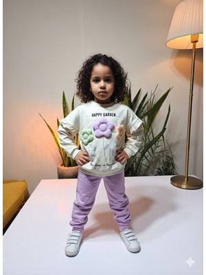 Şimo Butik Kız Çocuk Alt Üst Takım Kolu Fırfırlı El Nakışı Kabartma Çiçek %100 Pamuk