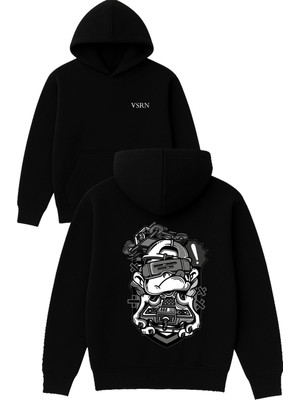 Vsrn Big Gamer Tasarım Baskılı Oversize Siyah Kapüşonlu Sweatshirt