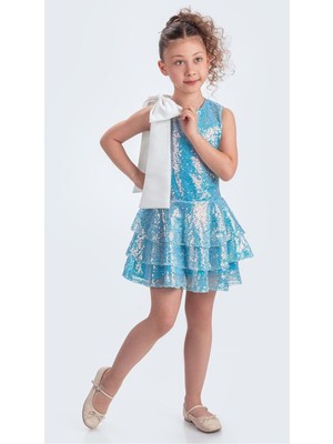 Mnk Baby & Kids Yaka Fiyonk Işıltılı Pul Payet Kumaş Kız Çocuk Abiye Elbise M00702