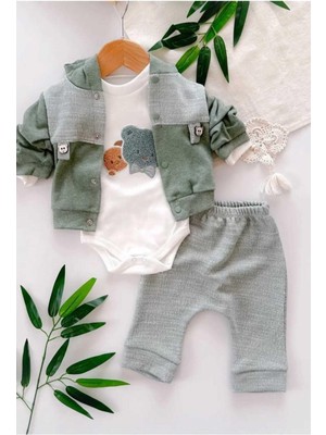 Dinamik çocuk Erkek Bebek Ceketli 3lü Takım Ayıcık Nakışlı Mevsimlik Kapüşonlu 3 Parça Zıbınlı 0-3-6-9AYLIK