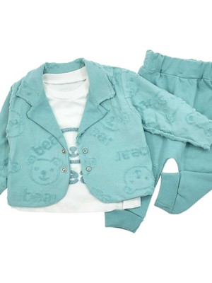 Dinamik çocuk Erkek Bebek Kabartma Bear Ayıcık Nakışlı Ceketli Badili 3lü Alt Üst Takım
