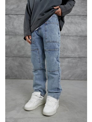 Lacivert Mmx Cep Detaylı Taşlamalı Baggy Jean