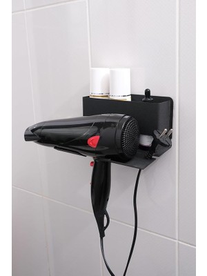 Siyah Metal Yapışkanlı Saç Kurutma Askısı, Yapışkanlı Banyo Düzenleyici Organizer Fön Makinelik MT83S