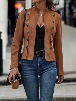Kadın Uzun Kollu Hakim Yaka Yanlardan Düğmeli Kısa Süet Ceket