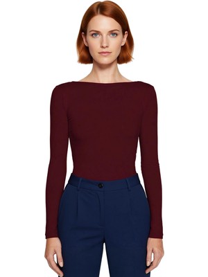 Ersefa Kadın Likralı Penye Süprem Bluz Fitted Kalıp Kayık Yaka Uzun Kollu Basic Siluet Şık ve Konforlu