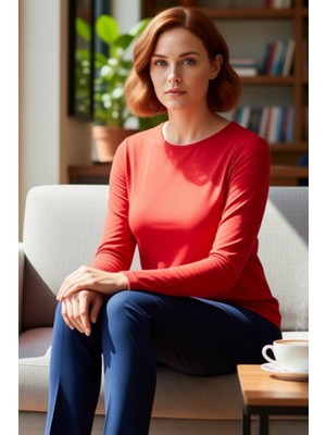 FRM Kadın Vücuda Oturan Kayık Yaka Uzun Kollu Pamuklu Üst Kaliteli Şık Rahat Modern Zarif Günlük