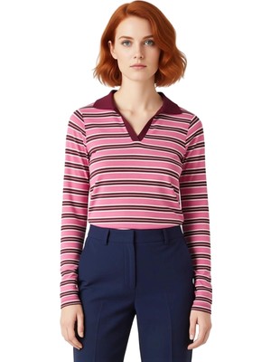 Ersefa Genç Kız Fitted Çizgili Polo Yaka Uzun Kollu Örme Üst Kaliteli Şık Rahat Modern Zarif Günlük