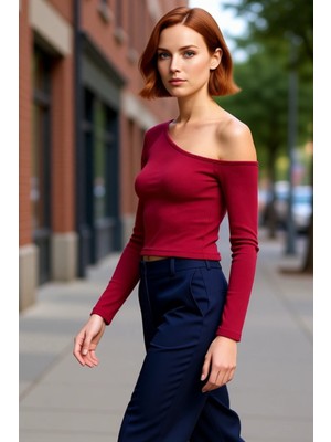 PayBuy Kadın Asimetrik Yaka Düşük Kol Fitted Örme Bluz Uzun Kollu Crop Kesim Cool Comfort Tarzı Ilkbahar