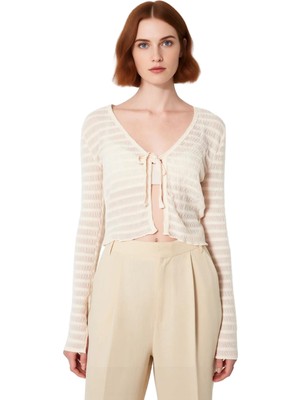 Ersefa Kadın Uzun Kollu V Yaka Bağcıklı Dokulu Örme Bluz Kaliteli Şık Rahat Modern Zarif Günlük