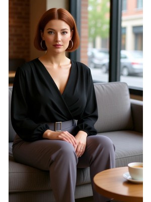 FRM Kadın Moda Şık Büyük Beden Regular Kruvaze Yaka Regular Kalıp Örme Sandy Bluz