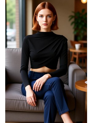 FRM Kadın Moda Şık Üst Giyim Super Crop Dik Yaka Slim Kalıp Örme Drapeli Crop Bluz