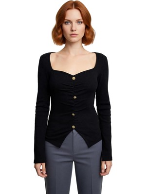 Ersefa Kadın Pamuklu Kalp Yaka Büzgülü Düğmeli Kaşkorse Üst Kaliteli Şık Rahat Modern Zarif Günlük