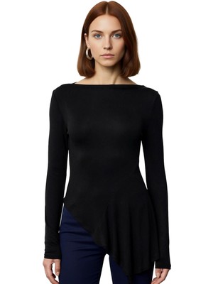 Ersefa Kadınlar Için Viskon Ribana Bluz Asimetrik Kesim ve Uzun Kollu Günlük Şıklık Sunan Tasarım