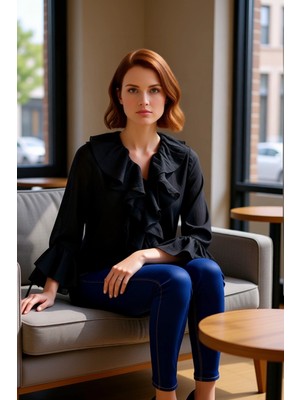 FRM Kadın Dokuma Kumaşlı V Yaka Uzun Kollu Bluz Kaliteli Şık Rahat Modern Zarif Günlük