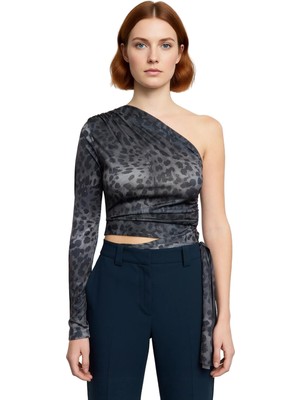 Ersefa Kadınlar Için Şık Crop Bluz Tek Kol Asimetrik Yaka Örme Kumaş Özel Tasarım Seçkin Malzeme