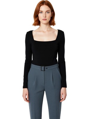 Ersefa Moda Kare Yaka Örme Slim Düz Desen Casual Günlük Regular Uzun Kol Bluz