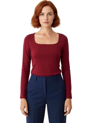 Ersefa Moda Kare Yaka Örme Slim Düz Desen Casual Günlük Regular Uzun Kol Bluz