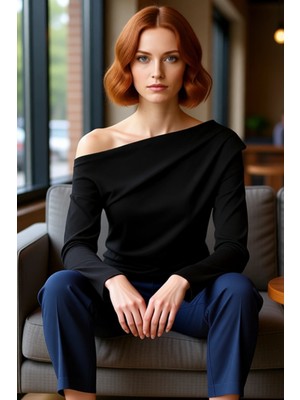 FRM Kadınlar Için Asimetrik Yaka Detaylı Dökümlü Örme Bluz Kaliteli Şık Rahat Modern Zarif Günlük