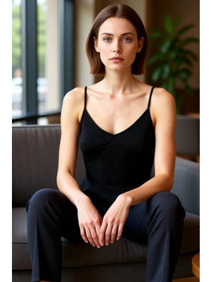 FRM Kadın Dokuma Bluz Kalp Yaka Peplum Kesim ve Ince Askılar Kaliteli Şık Rahat Modern Zarif Günlük